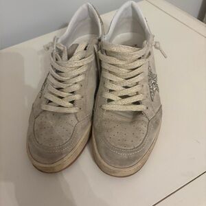 Golden Goose Beige and Silver Sneakers